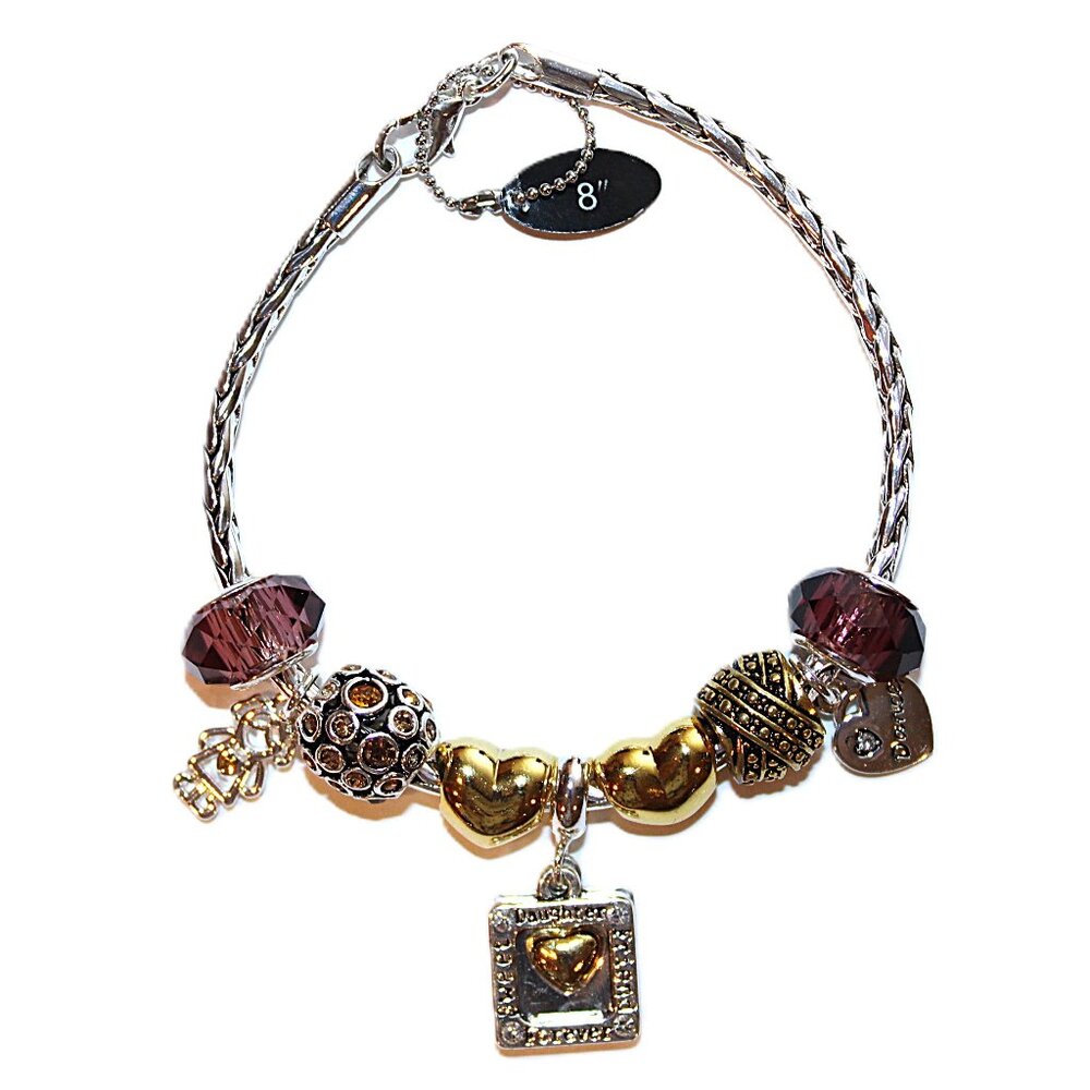 DaVinci Charm Bracelet 8" 9 Beads - Daughter Hearts Girl Dance Gold Silver CZ